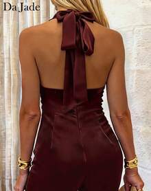 Women's V-Neck Sexy Halter Bodysuit - Burgundy - View 7