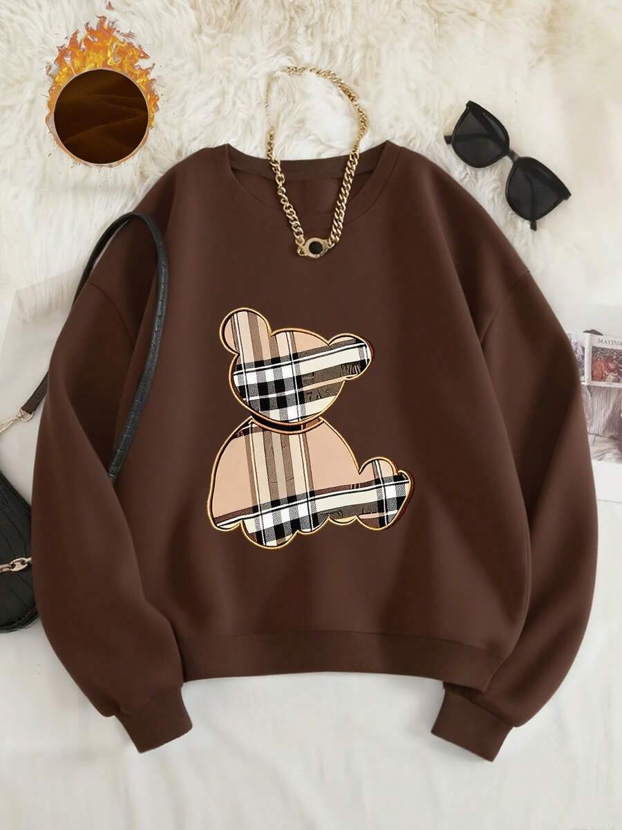 Plaid Cute Bear Graphic Pullover Sweatshirt, Women Casual Round Neck Long Sleeve High Quality Fleece Sweatshirt - White - View 1