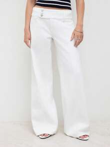女士休闲纯色低腰宽松牛仔裤，百搭日常穿着，春季白色 - 白色 - 查看 1