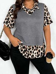 Neue elegante Große Größen Damen Einfarbig & Leopardenmuster Patchwork 2 in 1 Kragen Knopf Lässig T-Shirt - Dunkelgrau - Übersicht 10
