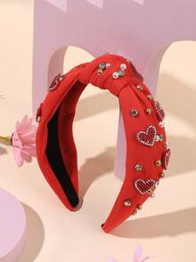 1 pieza Diadema roja para el Día de la Madre, estilo niña, diadema de tela con corazón de diamante de imitación rojo, accesorio de moda para el cabello, regalo para el Día de la Madre - Rojo - Ver 4