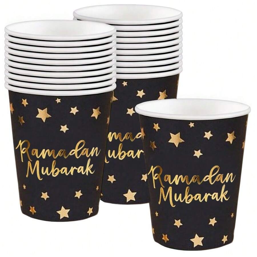 10/20/40个装 9盎司斋月卡里姆纸杯，斋月派对装饰，黑金星形一次性纸杯，适合开斋节和斋月庆祝活动