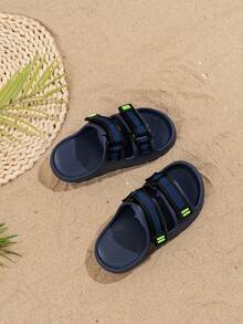 1 Pair Summer Outdoor New Soft & Durable EVA Casual Slippers, Unisex Kids Toddlers, Woven Strap Hook And Loop, Minimalist Fashion Beach Holiday Sandals - Blue - View 6