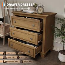 3 cajones, cajones de almacenamiento de madera con manijas metálicas exquisitas, pequeño gabinete de almacenamiento, moderno diseño para dormitorio, sala de estar, pasillo, entrada - Marrón - Ver 3
