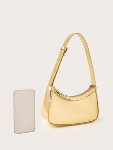 1pc Mirrored Silver Color Handbag, Shiny Leather Reflective Clutch For Girls - Gold - View 7