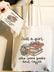 2 Pcs/Set Bookmark Stationery Coffee Flower Pattern Shoulder Bag And Makeup Bag Set, Multi-Purpose Class Handbag Pencil Case Set, For School, Library, Travel, Beach Vacation, Cruise Travel, Lightweight Foldable Canvas Bag Set, Birthday Gift For Women, Birthday Festival New Year Valentine's Day Mother's Day Back To School Teacher's Day Thank You Gift For Teacher Must-Have Travel Bag Luggage Bag Duffle Bag Overnight Bag Large Capacity Durable Travel Organizer Cruise Essential Vacation Essentials Travel Essential Holiday Essential - Beige - View 12