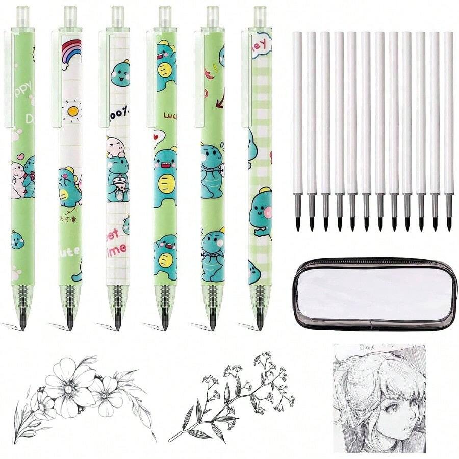 Lapiz Infinito, 6 Lapices Infinitos Kawaii con 12 Puntillas Intercambiables y Bolsa Organizadora, para Diseo, Dibujar y Escribir, Estilo Astronauta Lindo, Regalos para Nios y Nias - Pequeño Dinosaurio Verde - Ver 1