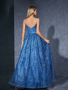 吊带V领中腰薄纱刺绣蕾丝褶皱长裙，优雅派对礼服 - 藍色 - 查看 2