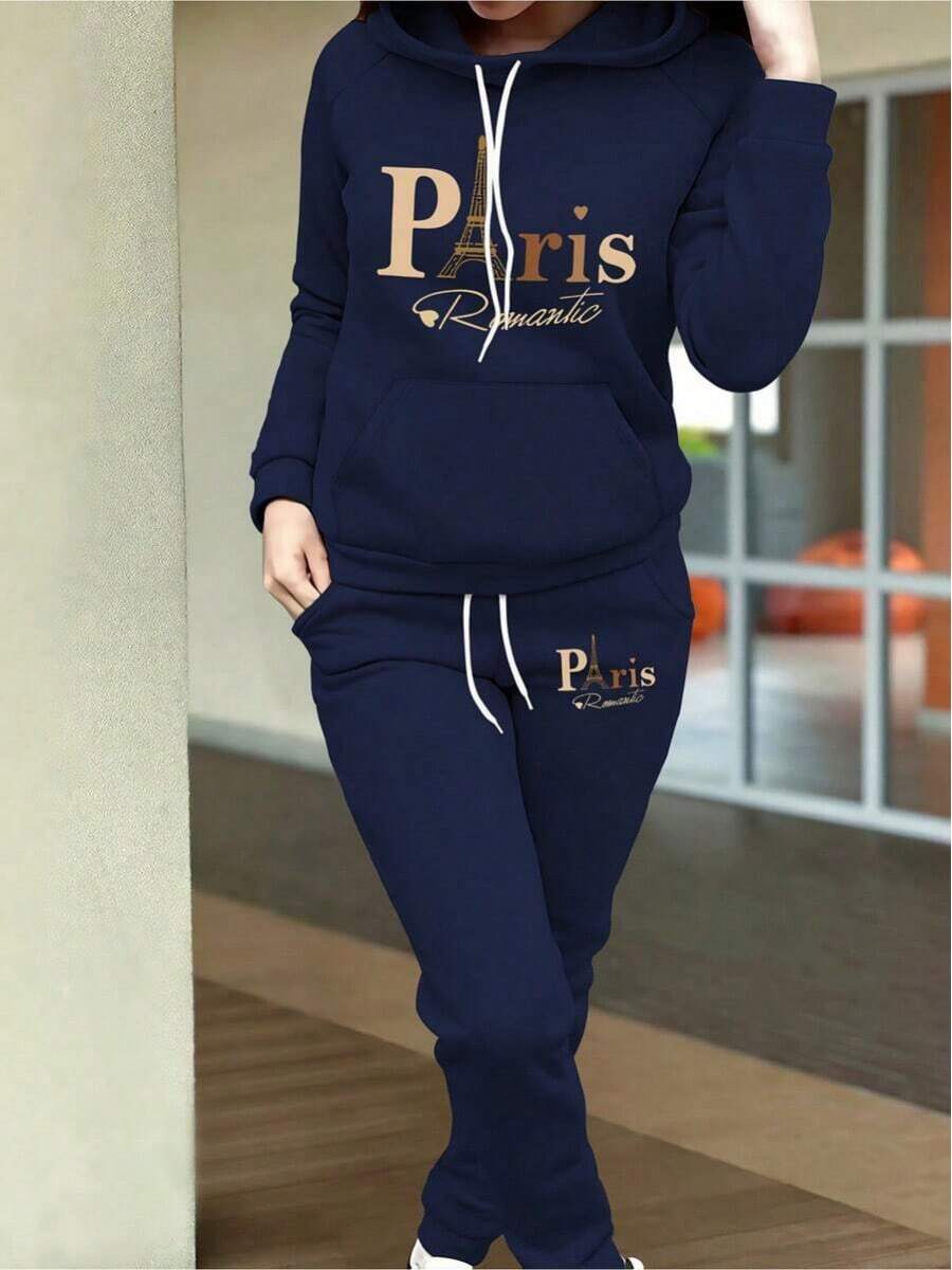 2026 Valentine Outfits For WomenWomen's Autumn Clothing Fleece Casual Set Fashion Printed Hoodie Loose And Comfortable Christmas Fit WomenLoose And Comfortablevalentine's Day - 藏蓝色 - 查看 1