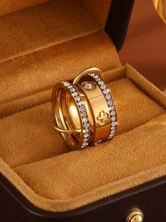 1pc Elegant Four-Leaf Clover Rhinestone 18K Gold Plated Interlocking Ring, Suitable For Women's Daily Wear, Gift