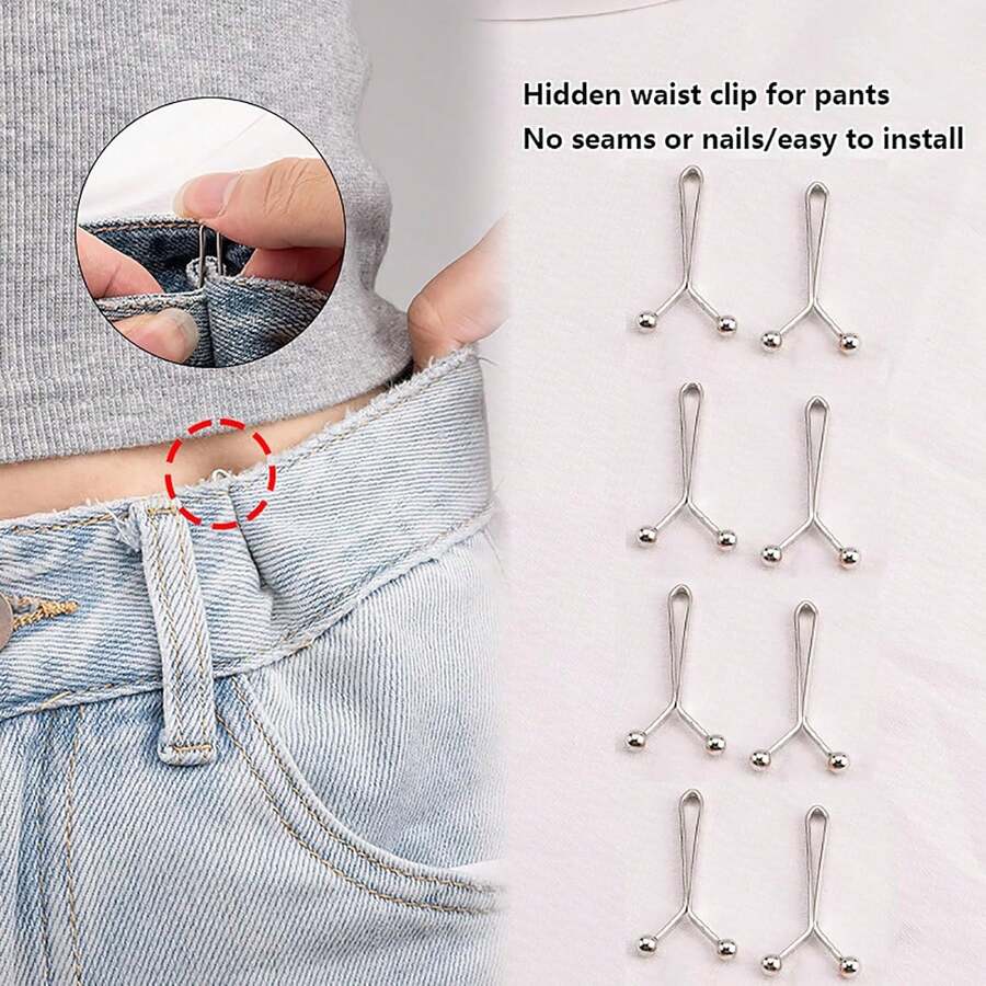 8pcs Invisible Metal Waist Clips - Adjustable Button Clips For Jeans/Clothes, Slimming Tightener With Hidden Design - Silver - View 1