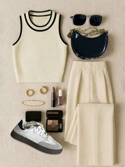 Elegante y de moda, cómoda camiseta de punto ajustada sin mangas de color contrastante, adecuada para el hogar, la oficina, el uso en interiores, primavera/verano