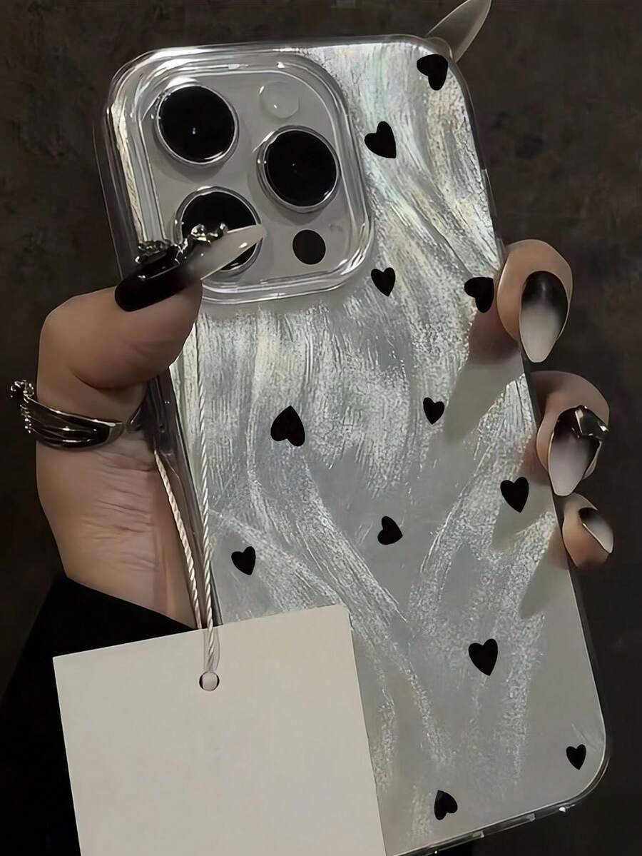 1pc Cute Heart Painting Pattern High-End Feather Soft IMD Shockproof Fashion Phone Case Suitable For IPhone 11 12 13 14 15 16 17 Pro Max - Multicolor - View 1