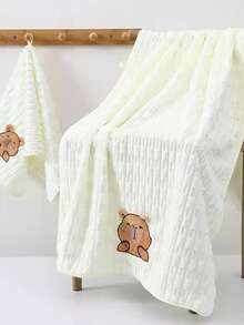 2pcs/Set Baby Soft Absorbent Coral Fleece Towel + Bath Towel Set, Embroidered, Family Pack