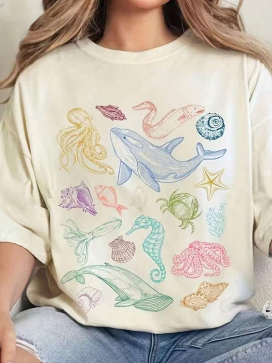 Cute Women's T-Shirt With Sea Print, Premium Fabric, Suitable For All Occasions, 100% Cotton, Comfortable And Cool Material. - 白色 - 查看 1