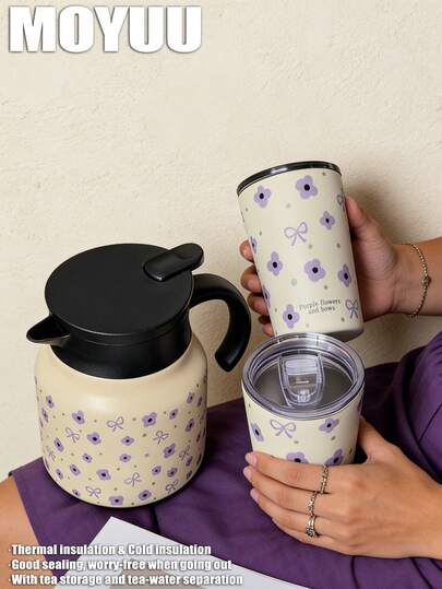 1pc 800ml Purple Floral & Bow Stainless Steel Double Wall Insulated Coffee/Tea Pot, Suitable For Office, Restaurant, Outdoor, School, Party, Ramadan, Valentine's Day, Mother's Day, Birthday Gift