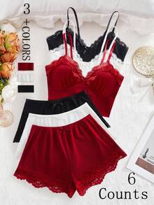 6件套情人节惊喜礼物女士性感内衣套装，三角罩杯，可调节肩带，女士上衣搭配蝴蝶结装饰短裤，舒适家居服纯色睡衣套装 - 彩色 - 查看 10