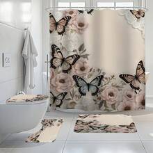 1 pieza Cortina de ducha con estampado de mariposa rosa - 100% tela de poliéster, lavable a máquina, decoración de baño para todas las estaciones, patrón vibrante de flores y mariposas, adecuado para baños modernos, fácil instalación, accesorio de baño de otoño, esencial para volver al colegio - Multicolor - Ver 1
