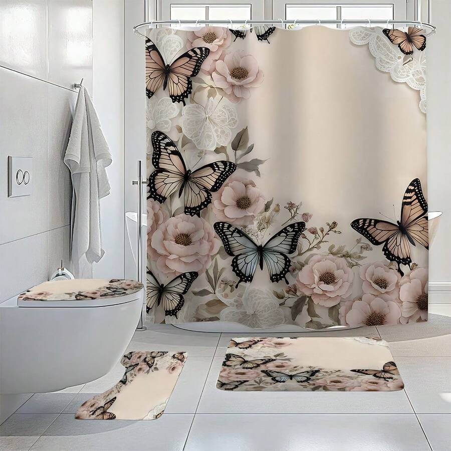 1 pieza Cortina de ducha con estampado de mariposa rosa - 100% tela de poliéster, lavable a máquina, decoración de baño para todas las estaciones, patrón vibrante de flores y mariposas, adecuado para baños modernos, fácil instalación, accesorio de baño de otoño, esencial para volver al colegio - Multicolor - Ver 1