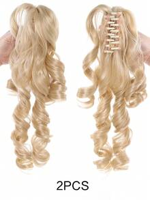 2pcs Fluffy Roman Curly Ponytail Wig Clips, Blonde & Black Lolita Double Ponytail - Multicolor - View 3