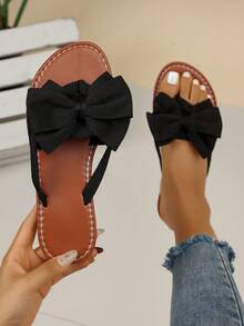 Breezelady Women's Flat Bow Thong Sandals, Elegant And Comfortable Flat Casual Beach Slippers For Summer - 黑色 - 查看 5
