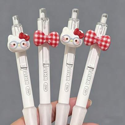 4支装，三丽鸥系列，红眼Hello Kitty，软握圆珠笔，按压式签名笔，防刮防撞，适合学校和办公室使用，学生必备，可爱卡通设计。