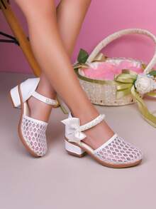 1 Pair Children's High Heel Sandals, Mesh Breathable Material, Cute Bow & Pearl Decor, Suitable For Party, Vacation, Evening Dress - White - View 2