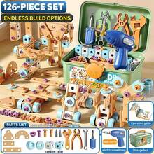 Boys' DIY Assembly Engineering Toy Set, 124/126-Piece Electric Screwdriver, Screws, Plates, Wheels, And Tools, Including A Robot/Car/Plane Buildable Set, Perfect For Children Ages 3-8. STEM Learning Toys