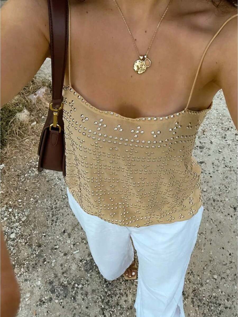 Women Y2K Sparkly Rhinestone Cami Crop Top Spaghetti Strap Sleeveless Going Out Party Club Top - 卡其色 - 查看 1