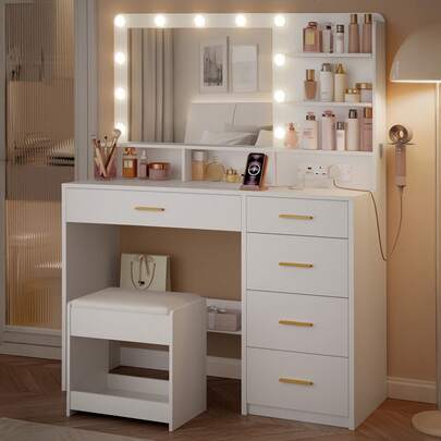 Hzuaneri Dressing Table With 3-Colour LED Adjustable Brightness, Vanity Table With Plug And Large Mirror, Stool And Hairdryer Holder, 6 Open Storage Areas, 108 Cm Desktop, White