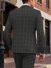 Mens 3 Pieces Suit Set Plaid Slim Fit  Checked Casual Tuxedo Formal Suits For Men Wedding Business Party Blazer Vest Pant - 黑色 - 查看 3