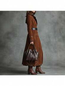 New Women's Autumn And Winter Coat Lapel Western Style Suede Long Trench Coat - 酒紅色 - 查看 6