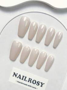 10Pcs Handmade Press On Nails Kit Long Coffin Beige And White Elegant Minimalist Old Money Japanese Style Modern Korea Style Fresh Design Chic French Style Neutral Classical Creative Glossy Finish Shimmery Ombre 1 Account Manicure Set Includes Adhesive Tabs 1 Mini File Full Cover Fake Nails Design Nail Supplies - Beige - View 8