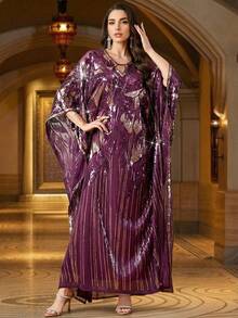 女士亮片网纱拼接圆领蝙蝠袖阿拉伯风长款两件套连衣裙