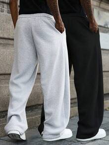 Set de 2 pantalones rectos y sueltos para hombres, con cintura con cordón, diseño de cintura alta, unicolor, estilo deportivo casual, adecuado para ocio al aire libre y uso diario en primavera - Multicolor - Ver 2