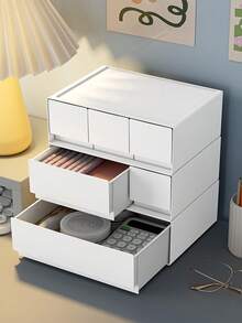 白色塑料抽屉式收纳盒，可自由组合堆叠，桌面整理盒，适用于办公室、学校和桌面杂物收纳。