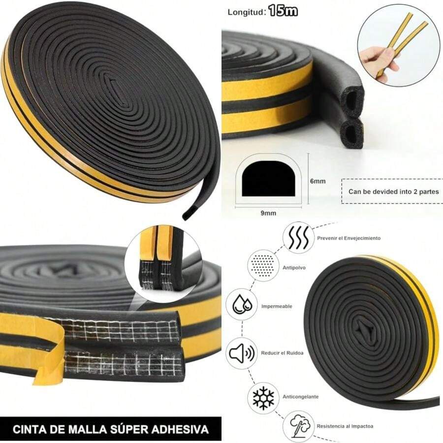 Sellador para Puertas y Ventanas 15M,Burlete para Puerta,Resistente Agua,Burletes para Puertas y Ventanas,Aísla las Habitaciones y los Coches de los Mosquitos, el Polvo, la Arena y el Ruido(Negro)(Marrón-15M) - Multicolor - Ver 1
