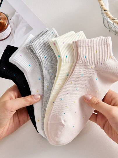 5 Pairs Women's Polka Dot Mesh Ankle Socks, Black, White, Pink, Yellow Colors Available, Lightweight, Breathable, Suitable For Spring/Summer, Random Color Assortment