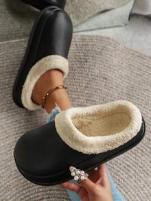 女童时尚软底圆头平底拖鞋，复古时尚室内日常居家保暖冬季家居拖鞋 - 黑色 - 查看 4