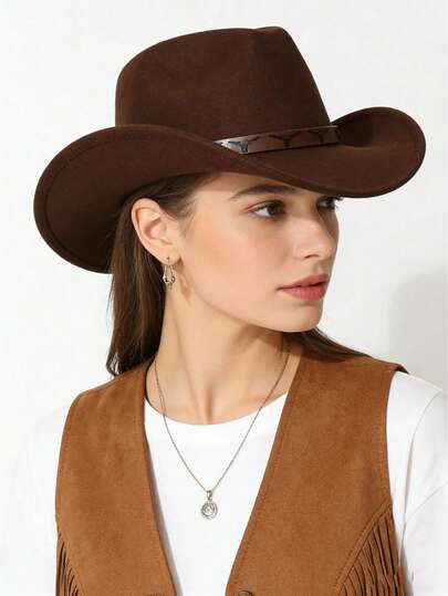 A Classic Cowboy Hat For Both Men And Women, Paired With A Brown Belt And A Silver-Black Bull Logo, And A Metal Buckle, Is An Adjustable Outdoor Performance Hat Suitable For Both Men And Women. It Is Perfect For Casual Daily Wear, Outdoor Activities, Horseback Riding, Party Stage Performances, And Western Cowboy Gatherings
