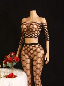 2pcs Women's Black Sleeve Bodysuit & Leggings Mesh Lingerie Set, Minimalist & Mature Style - Black - View 2