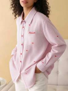 Women's Fashionable Pink Striped Long Sleeve Shirt With Embroidered Collar Detail, Regular Hem Woven Fabric - Pink - View 2