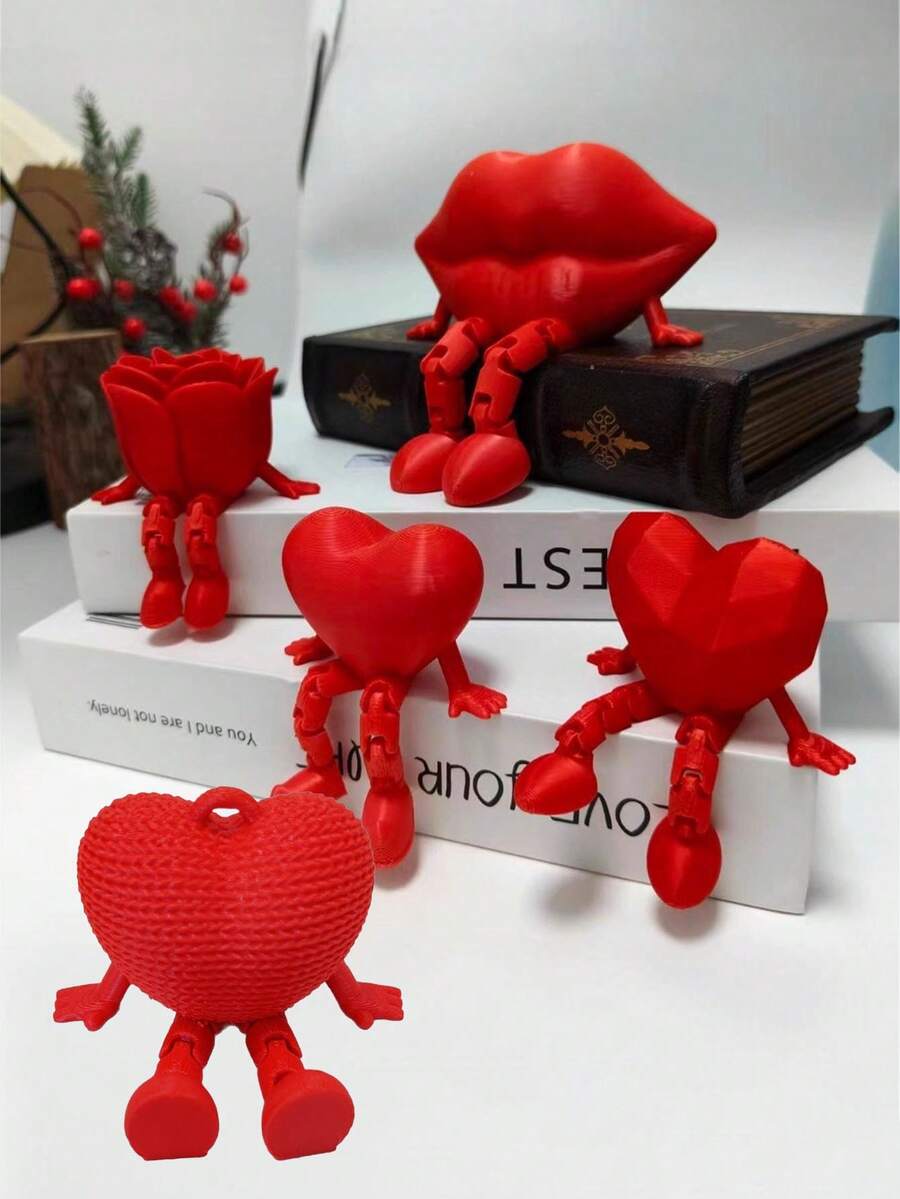 3D Printed Movable Joint Heart-Shaped Desktop Decor, Suitable For Christmas, Easter, Valentine's Day And Other Holidays, Also Can Be Used As Keychain Pendant, Gift Accessory, Party Favor, Small Decoration, Decorative Pendant, Filled With Fantastical Theme, Durable, Made Of PVC Material, Ideal Choice For Desktop Decor, Keychain Accessory, Collectors, And Event Planners - Multicolor - View 1