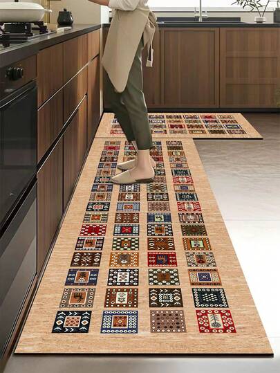 1 قطعة حصيرة مطبخ من جل السيليكا، بنمط هندسي متعدد الألوان، مكونة من مناطق مربعة صغيرة متعددة مع نقوش قديمة، ديكور خطوط هندسية، لوحة ألوان دافئة من البني والأحمر والأزرق والأبيض، تصميم بسجاد/نسيج مرقع بطراز قديم وفاخر، حصيرة مطبخ مضادة للإرهاق