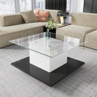 Coffee Table, High-Gloss Glass Coffee Table, Mobile Coffee Table With Swivel Casters