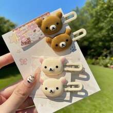 Adorable Cartoon Bear Hair Clips - 4 Duckbill Snap Clips, Transparent Candy Colors| Kawaii Women's Fashion Accessories| Cute Gift Ideas For Her, Friend ( Trending Style!) - 4 隻(2 隻棕色小熊 + 2 隻米色小熊) - 查看 2