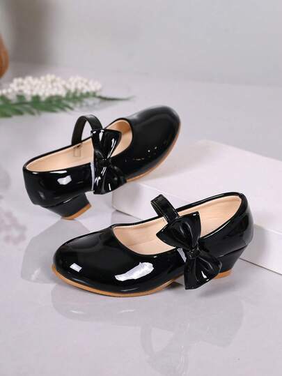 1 par svarta retro Mary Jane-skor för flickor med medelhög klack, barnskor i lackat läder, glänsande rosett, fotledsrem med sidodekoration, lämpliga för fester, vardagskläder, pianoframträdanden, studentklänningar