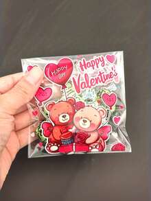100pcs Valentine's Day Gift Bags, Printed With Red Heart And Cute Bear Patterns - Self-Adhesive Plastic Bags, Suitable For Candies, Small Gifts And Souvenirs - Perfect For Parties, Weddings, Engagements And Anniversaries, Also Can Be Used As Party Favor Bags - Multicolor - View 3