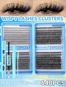 640pcs D-Curl Flared False Eyelashes Set, Includes Glue, Sealer, Tweezers And Brush, Beginner-Friendly, Large Capacity Lash Book, Suitable For DIY Makeup, Thick & Fluffy Lashes To Enhance Eyes, Long-Lasting, Segmented Design For Easy Application, Ideal For Daily, Wedding, Outdoor, Travel, Nightclub Party, Music Festival And Other Occasions, Perfect Gift For Women - 藍色 - 查看 2