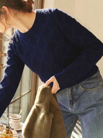 Knit Mix Elegant Loose Knit Sweater, Women's Casual Solid Color Pullover For Autumn/Winter, Minimalist Design, Ideal For Everyday Wear